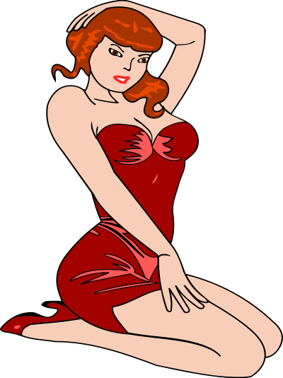 Woman kneeling (light skin, red dress, red hair) clipart
