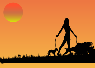 Woman Walking Dogs At Sunset clipart